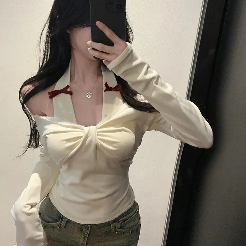 T-shirt sexy alla moda con scollo all'americana da donna manica lunga con spalle scoperte T-shirt patchwork con fiocco autunno inverno Hottie Slim Fit Chic Slash Neck Top