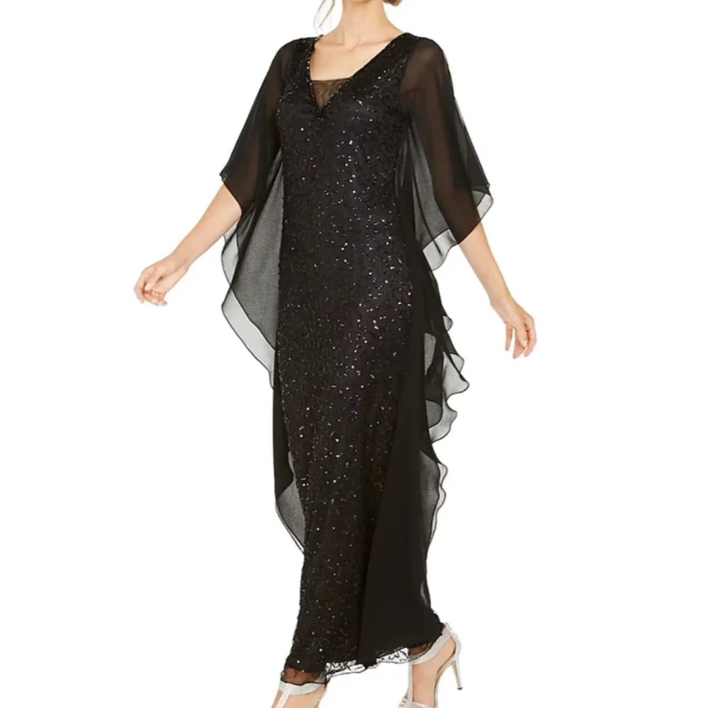 

Mother Dresses Black Customized V Neck Sequined Chiffon Bride Party Dress Ankle Length Formal Gowns robes invitée mariage