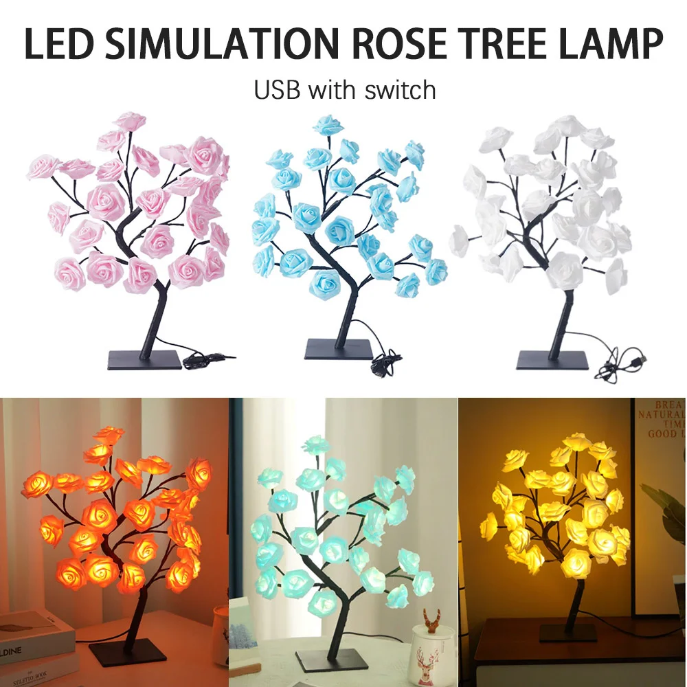 LED Rose Flower Table Night Lamp 5V USB Operated Bedside Tree Lamp Indoor Room Decorative Desk Light For Bedroom Home Decoration