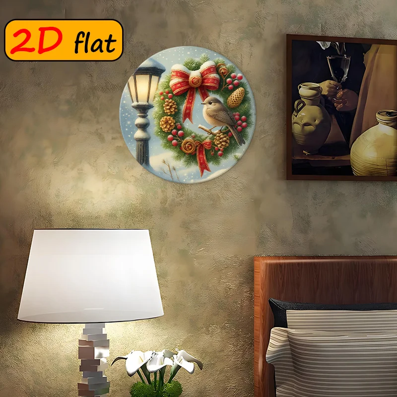 Christmas Winter Scene Aluminum Round Sign 20x20cm Snow Pine Wreath Bird Wall Decor  Gift For Home Dining Room Study view 4