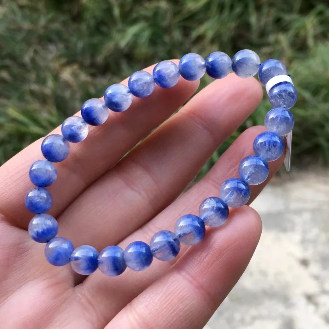 Natural Blue Dumortierite Rutilated Quartz 7.3mm Clear Beads Bracelet Blue Rutilated Cat Eye Clear Round Beads Stone AAAAAAA