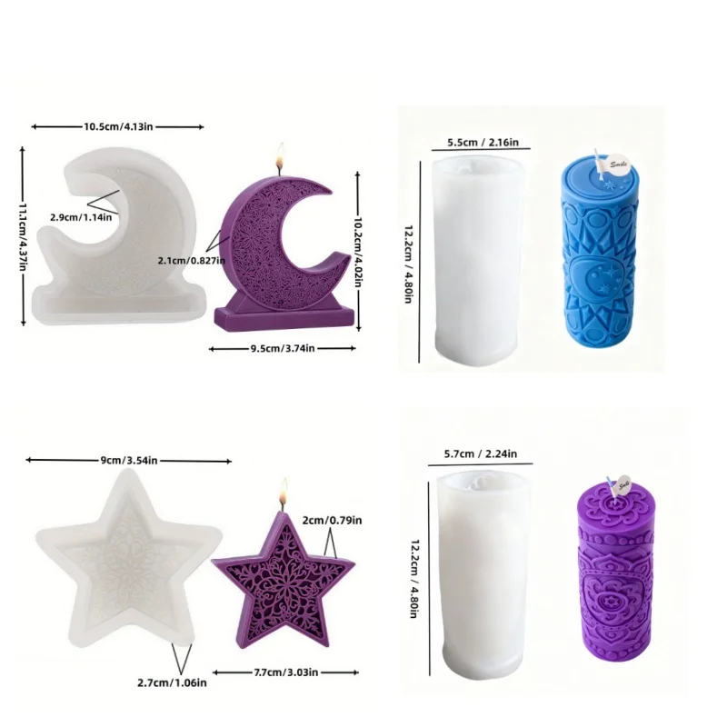 

4pcs Carved Floral Pillar Candle Mold with Moon, Star & Lotus Embossed Designs - 3D Relief Scented Candle Silicone Mold