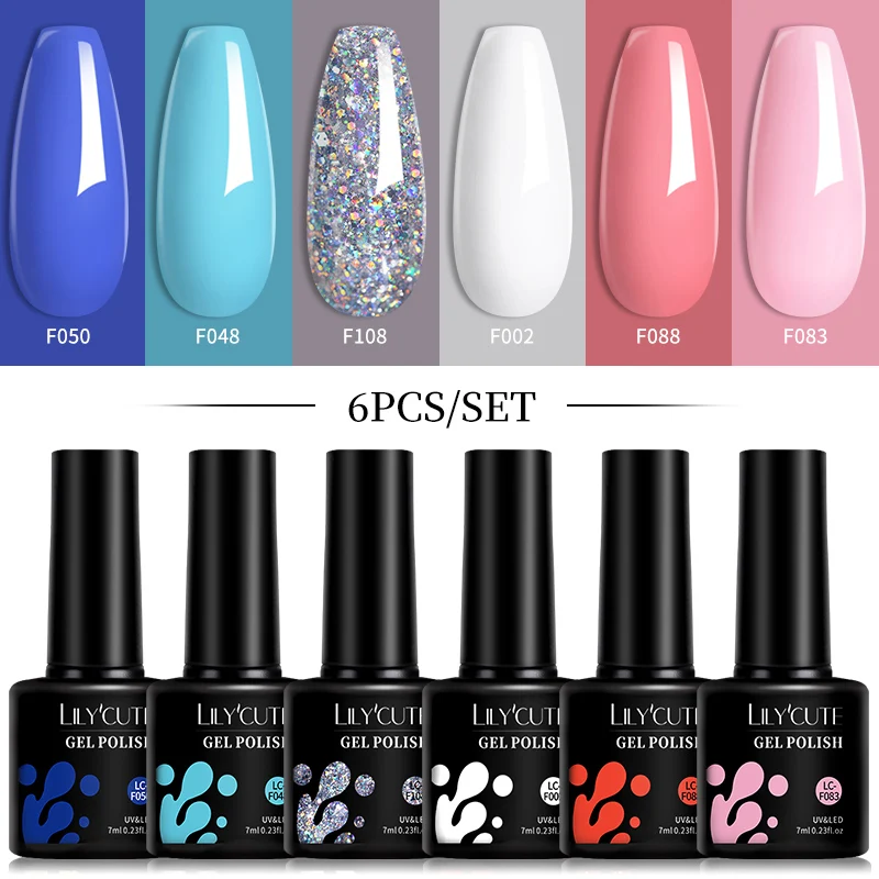 LILYCUTE 6-teiliges 7ML Gel DIY Nagellack-Set Leuchtend Rosa Nagel-Charms Abziehbarer UV-LED-Gel-Lack Nagelkunst-Design Zubehör