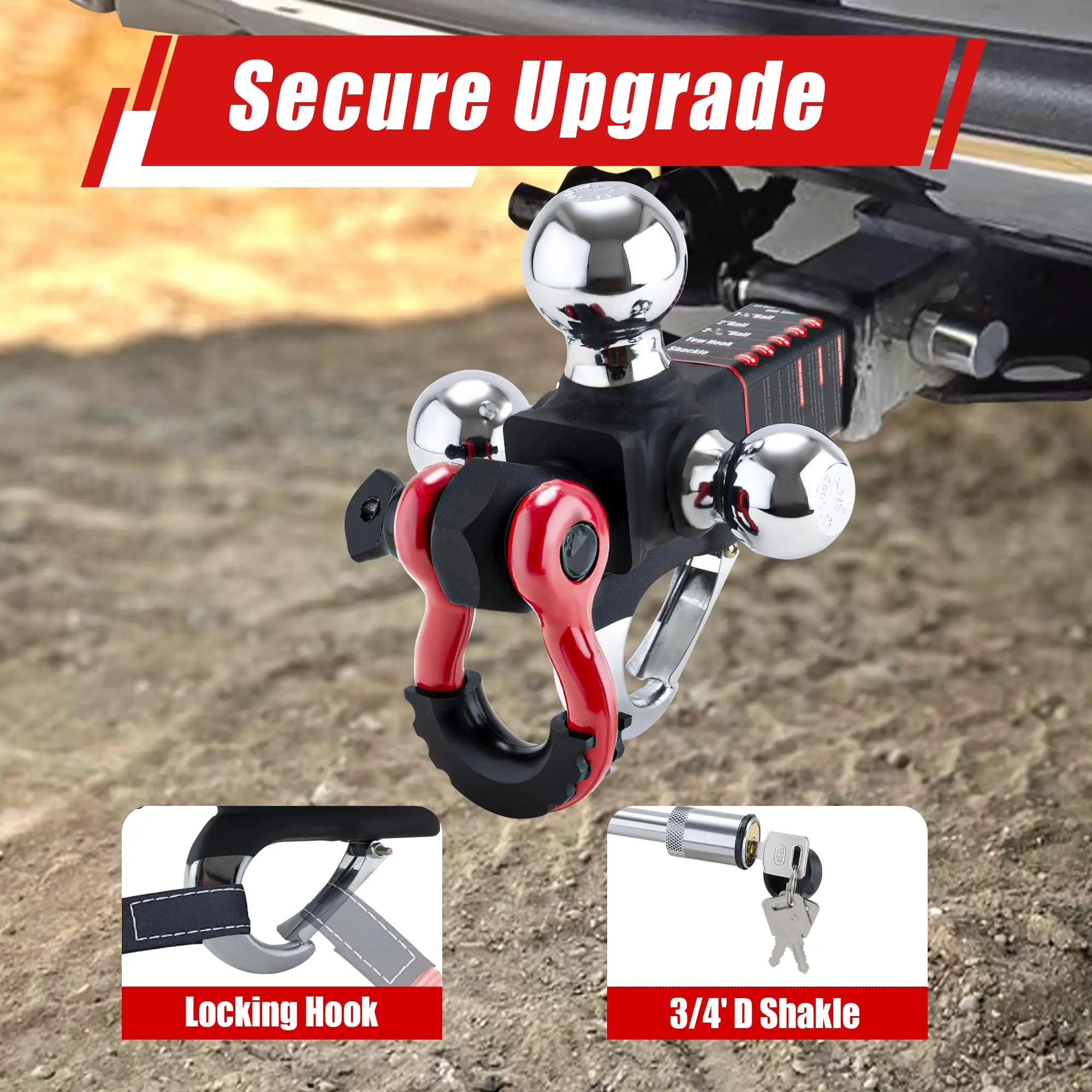 TYT Tri-Ball Hitch Mount, 2" Receiver, 1-7/8", 2", 2-5/16" Balls, Tow Hook & Clevis Shackle with Locks Black Trailer Hitch view 4