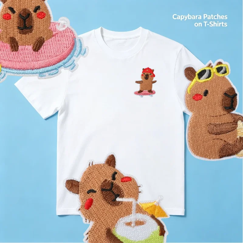 1PCS Patch Bordado de Capivara Surfista, Fofo, Termocolante, para Roupas Infantis, Decoração DIY, Artesanato e Costura