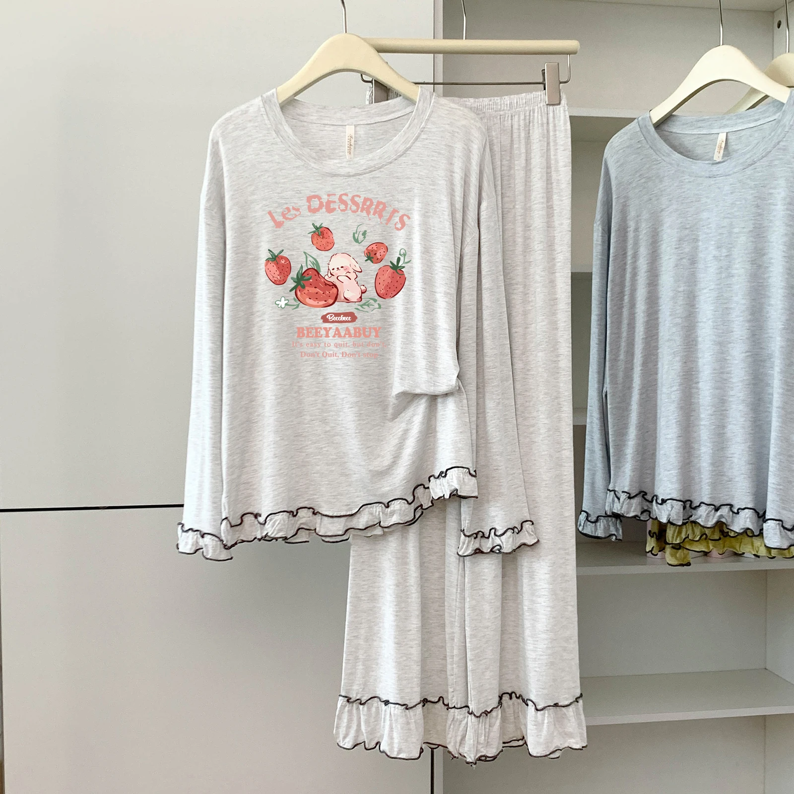 

5174-16 Modal Cotton Round Neck Long-Sleeved Long Pants Pajamas for Women Spring and Autumn Thin Loose Soft Comfortable Home Wear