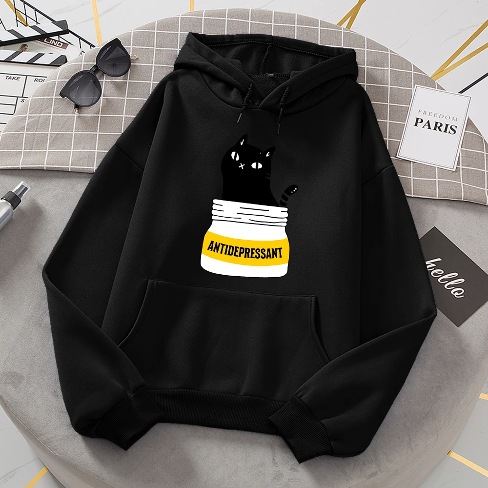 Black Cat Eat Antidepressant Women Hoodies Casual Fashion Hoodie Warm Fleece O-Neck Comfortable Hoody Loose Street Sweatshirt
