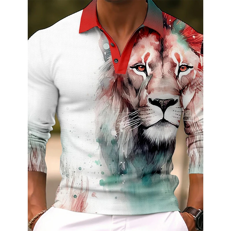 Men's Polo Shirt 3D Print Animal Lion Graphic Turndown Polo Shirts Long Sleeve Plus Size Tshirt For Men Clothes Streetwear