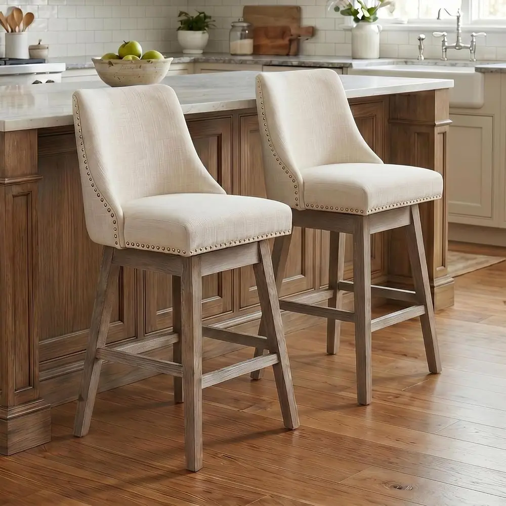 

Swivel Bar Stools Set of 2 - 27 Inch Modern Upholstered Chairs with Wood Legs, Cream Linen Fabric for Home Bar/Kitchen Island/Re