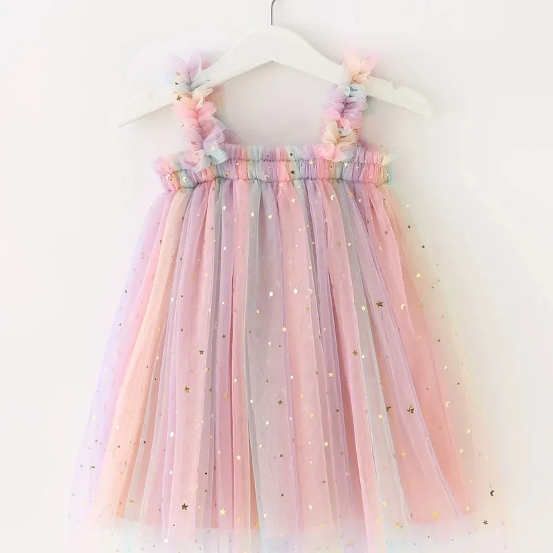 

Пышное платье принцессы на бретельках с блестками и звездами и луной для маленьких девочек, с отделкой радужного цвета, для вечеринки, пляжного отдыха, детей