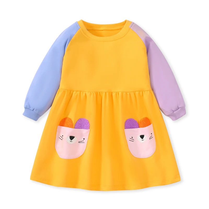 Kleine Mädchen Mädchen Taschen kleider fallen neue Mädchen Langarm Kleider Tier Bär Applikationen Mädchen Kleidung Baumwolle