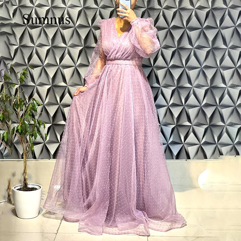 

Sumnus Elegant Dubai Evening Dress Tulle Long Sleeve Dotted V-neck Prom Dresses Belt Saudi Arabia Party Gowns Vestidos de Fiesta