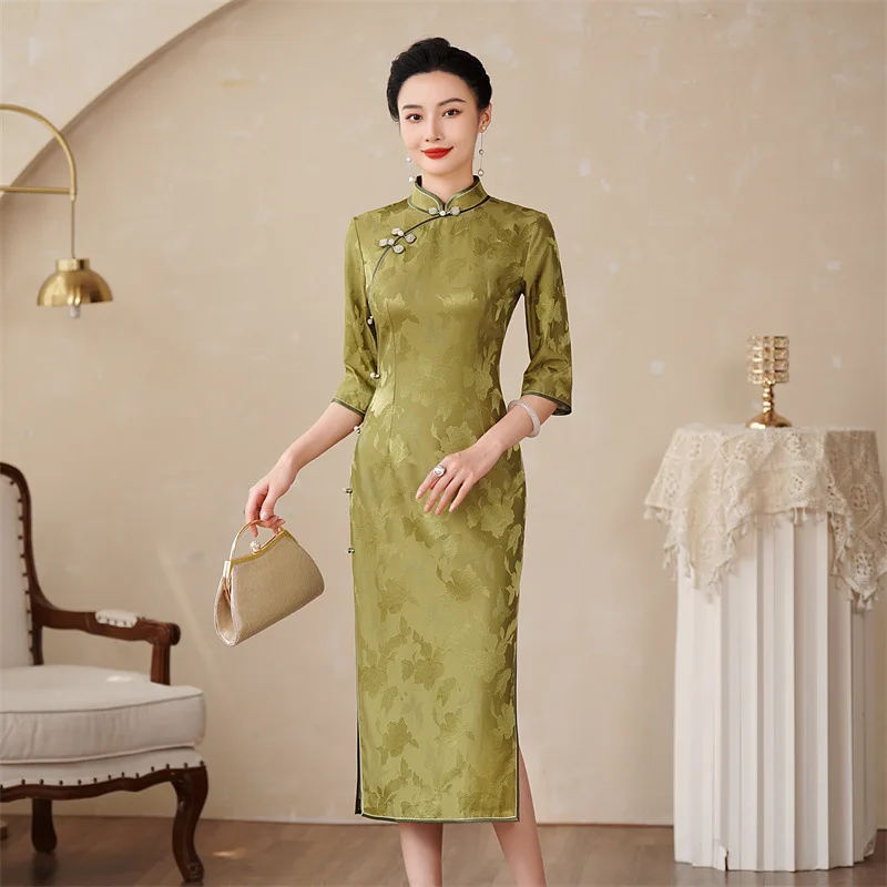 

Высококачественное элитное платье Cheongsam Qipao из натурального шелка, осень и зима 2024, новое женское платье с рукавом три четверти, изящное длинное платье
