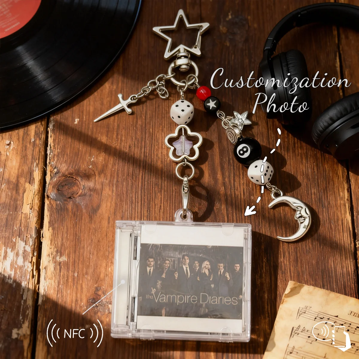 Custom NFC Mini CD Case Keychain, Personalized Photo Playable Music Beaded Star Charm, Unique Souvenir Gift for Music Fans view 3