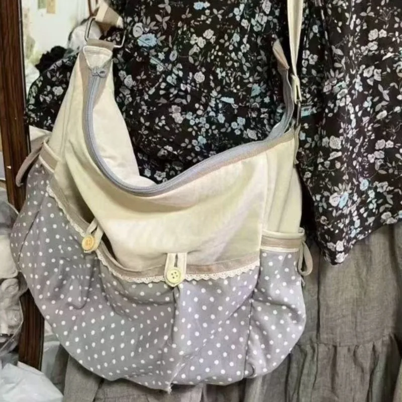 

Японская ретро сумка-тоут в горошек с бантом, женская лоскутная сумка на плечо большой вместимости, женская милая сумка через плечо в стиле Харадзюку, шикарная