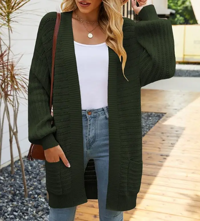 Elegant Solid Color Hollow Pocket Knitted Cardigan Lantern Sleeve Sweater for Women 2025 Autumn Winter Spring New Fashion Casual