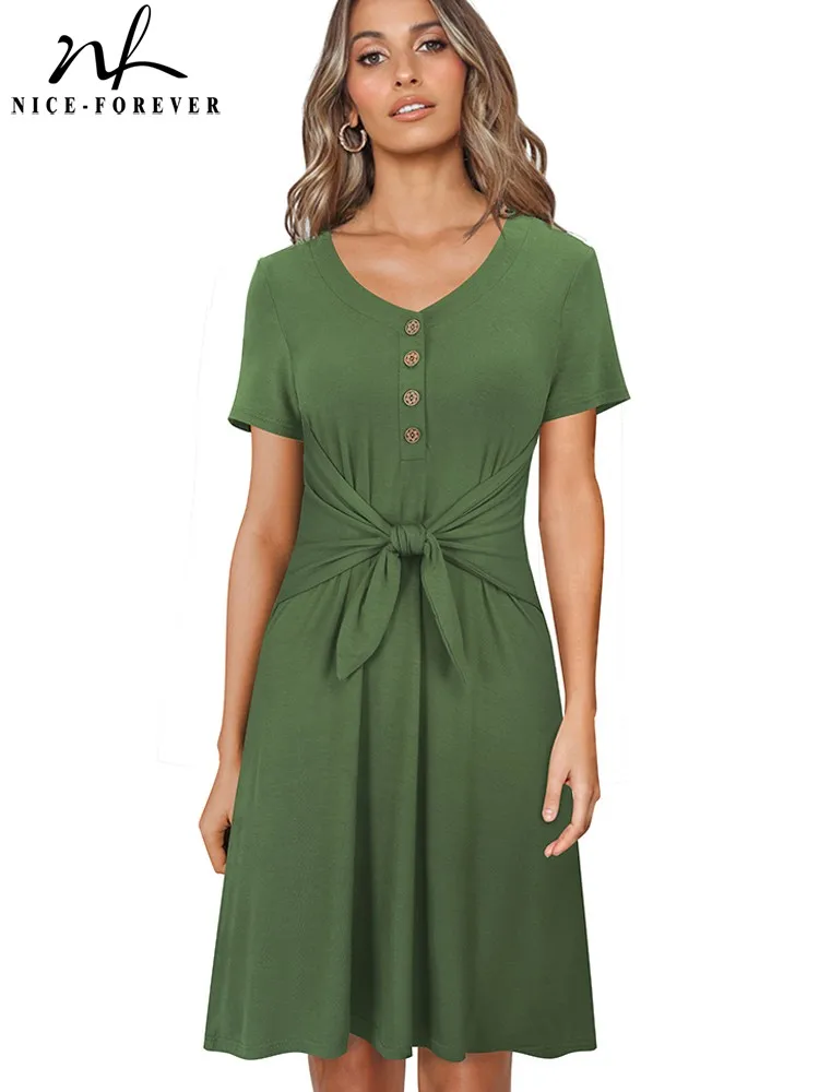 

Nice-forever Summer Women Chic Solid Color Tie Up Dresses with Sash Casual Loose Shift Dress btyA244