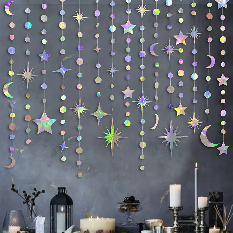 

Iridescent Star Moon Circle Garland Ramadan EID Mubarak Birthday Party Decorations Hanging Crescent Twinkle Little Star Streamer