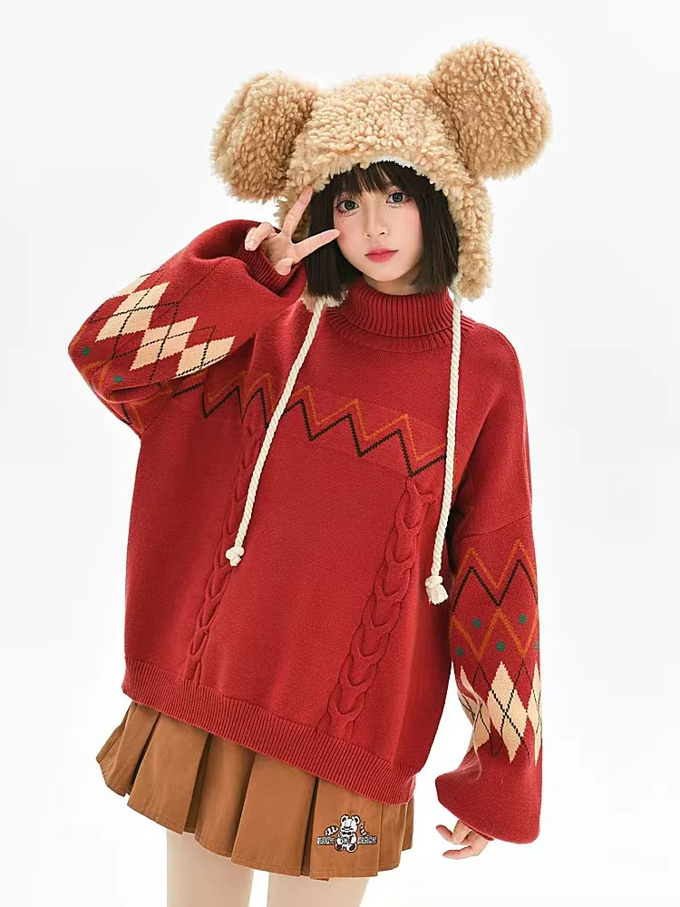 

Рождественский красный ретро контрастный жаккардовый водолазка вязаный свитер женский пуловер с длинным рукавом вязаный повседневный европейский зимний