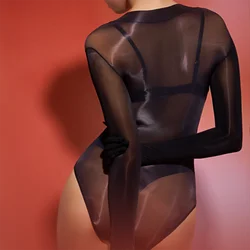 Sexy Women Seamless Oil Smooth High Cut Bodysuit Utra-thin Breathable Underwear Elastic See Though Jumpsuit Stretch Leotard