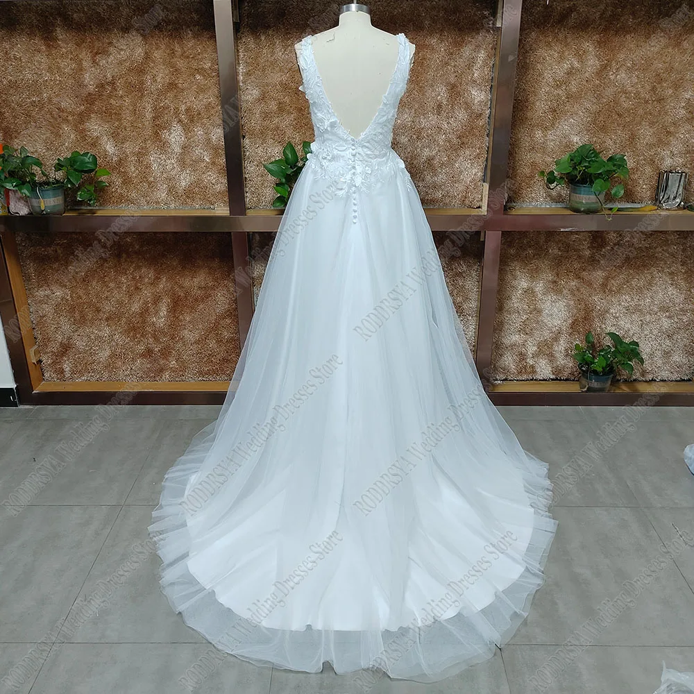 RODDRSYA Real Pictures White Boho Tulle Wedding Dress A-Line V Neck Lace Appliques Flowers Bride Party Open Back Bridal Gown