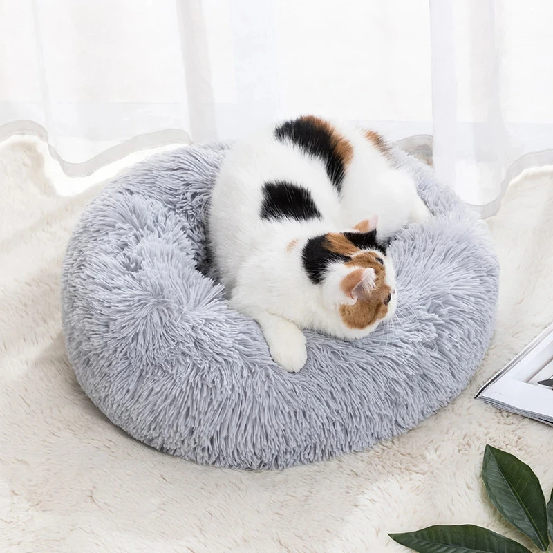 Grand lit rond moelleux pour animaux de compagnie, maison pour chat, accent en peluche, super doux, chaud, hiver, 40-90cm