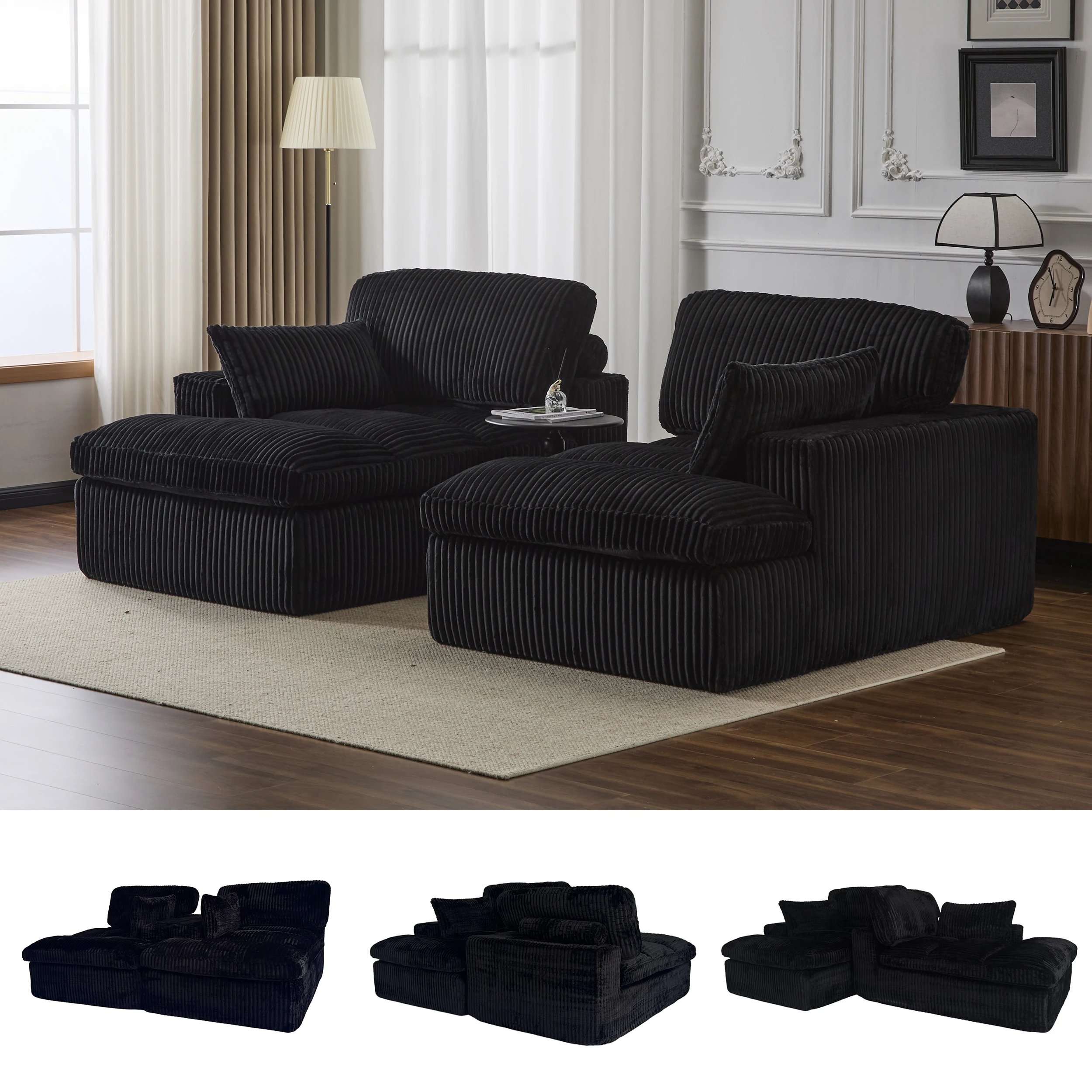 Sofá Cama 2 en 1 de Pana, Sofá Cama Moderno Negro, No Requiere Montaje, Sofá de Dos Plazas, Sofá Lounge para Sala de Estar, Habitación de Invitados