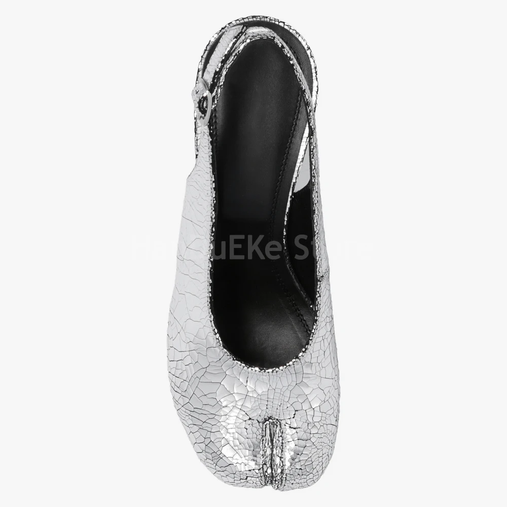 Women Split Toe Tabi Shoes Chic Metallic Silver Leather Slingback Pumps Luxury Brand Designer High Heels