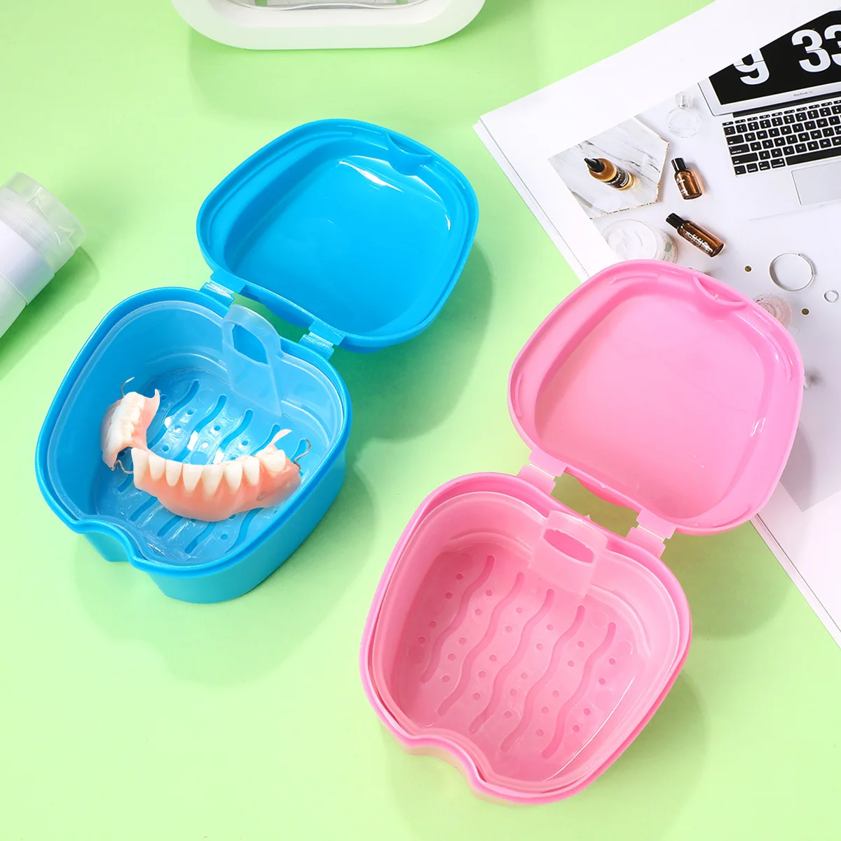 

2pcs Denture Case Compact Lightweight Travel Retainer Container False Teeth ABS Durable Portable Clean Modern Gift Blue Pink