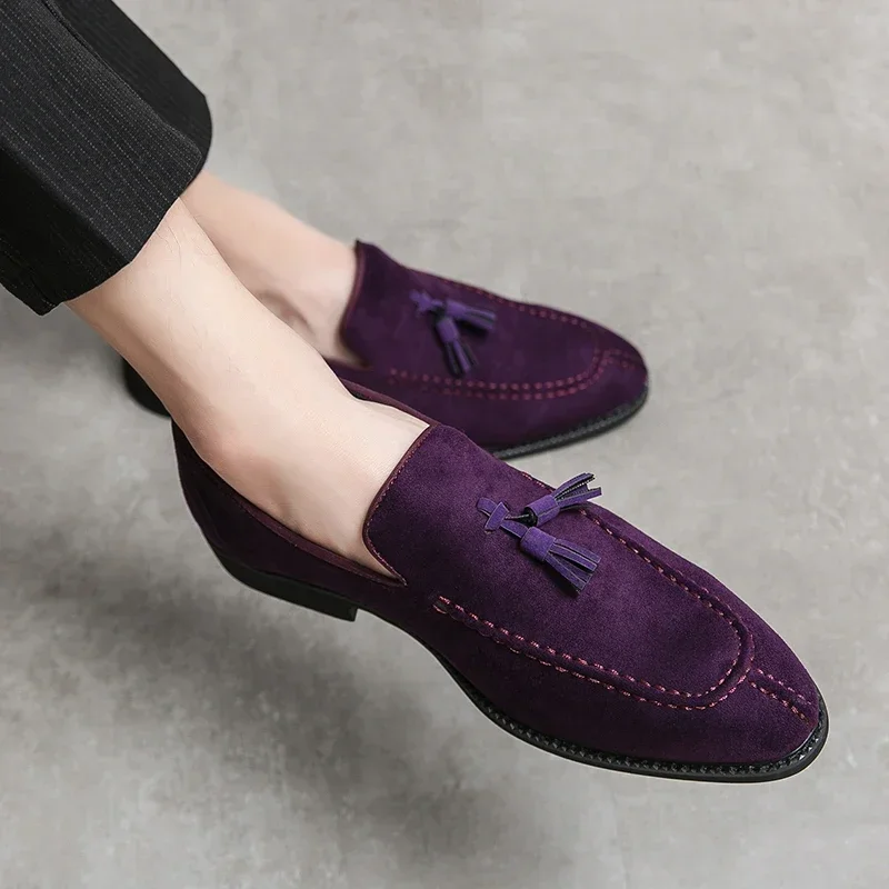 Brand Men Loafers Suede Leather Shoes Vintage Slip-on Classic Casual Men Driving Wedding Male Tassel pointed Dress Shoes