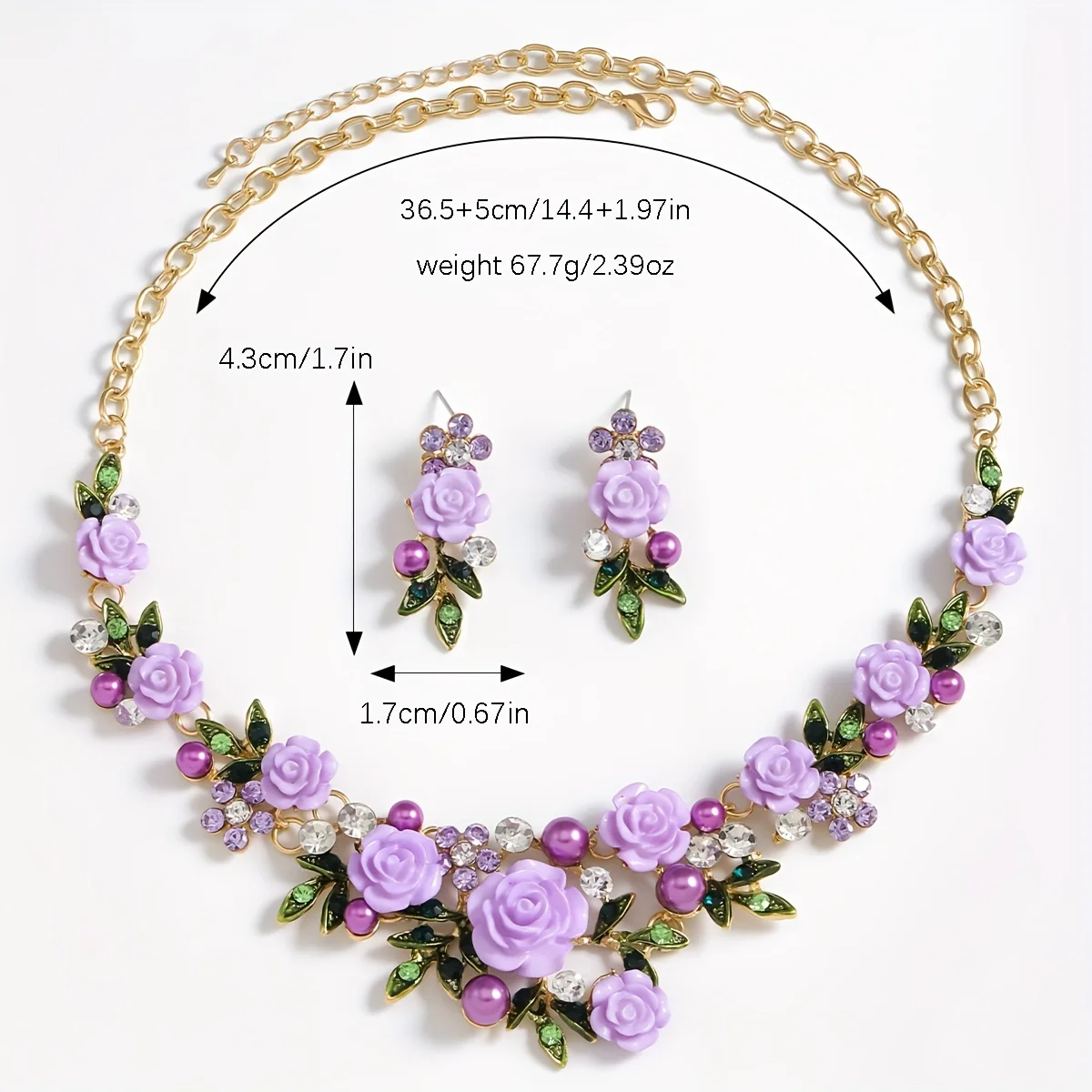 Vedawas 3pcs/set Bohemian rose necklace earrings accessories set，Rhinestones imitation pearl wedding party lady accessories