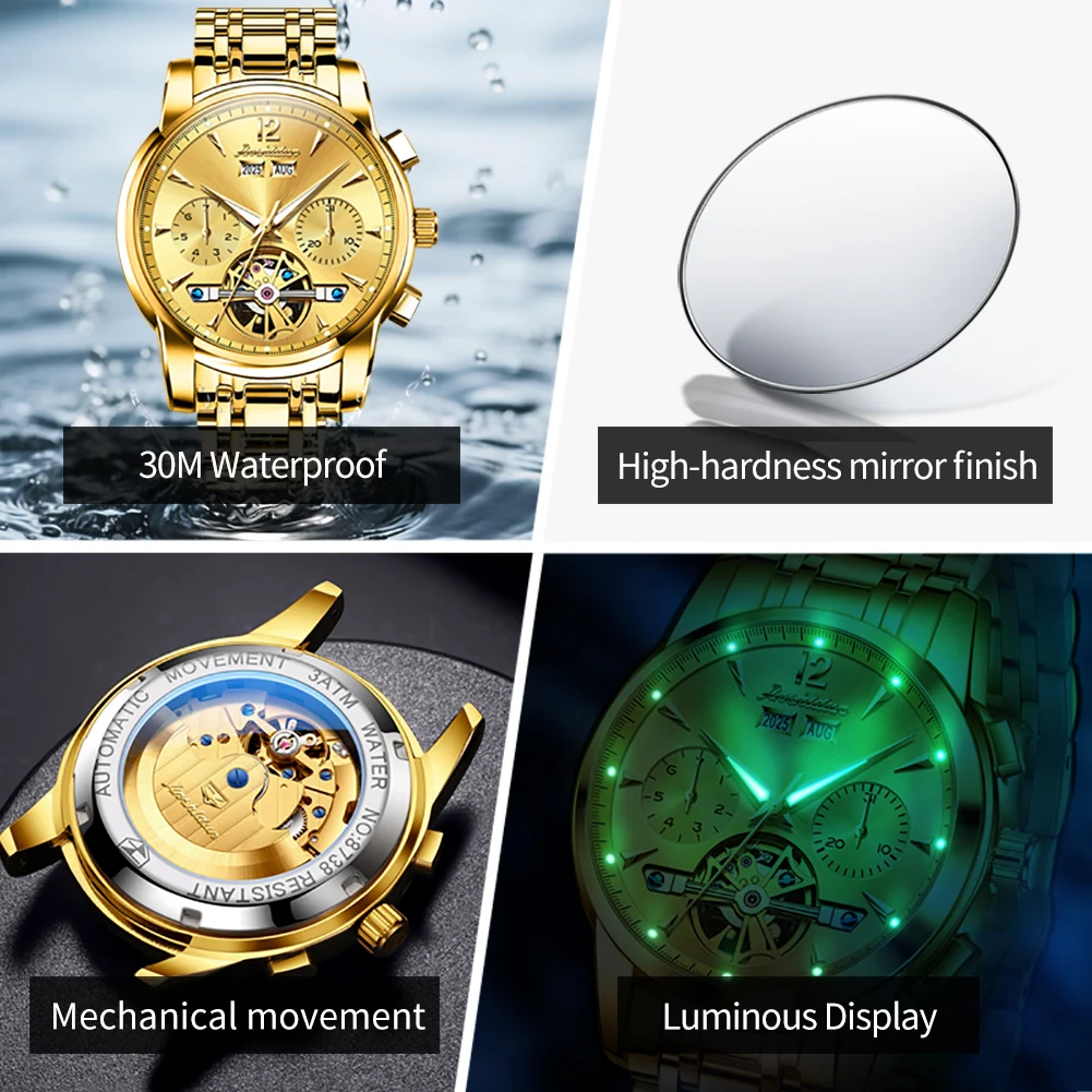 ساعة JSDUN 8738 للرجال أصلية فاخرة دولاب الموازنة ساعة ميكانيكية أوتوماتيكية من الفولاذ المقاوم للصدأ ساعات تقويم دائم للرجال