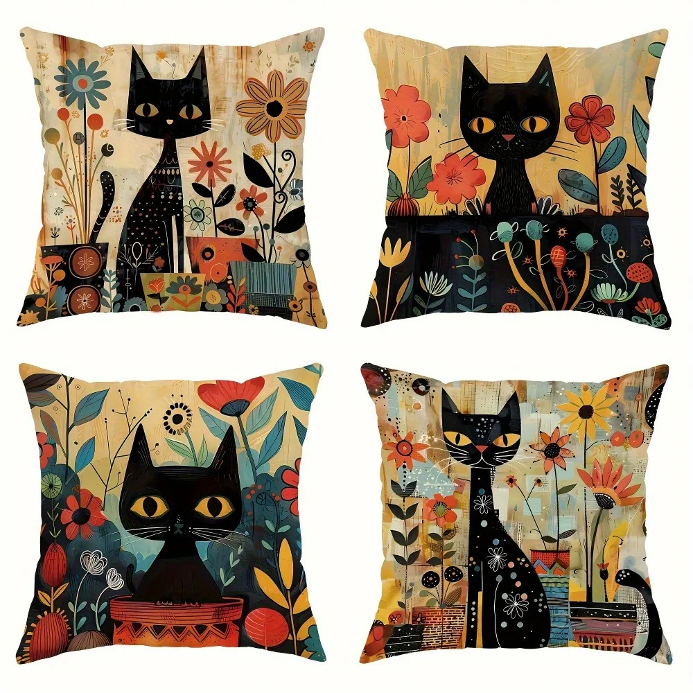 4 fundas  almohada retro con cremallera y estampado floral  gato negro - Poliéster  doble cara, estilo contemporáneo, crem
