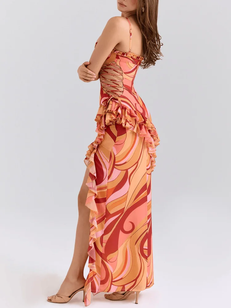 Print Ruffle Cut Out Sexy Maxi Dress Women Fashion Spaghetti Strap Sleeveless Backless Club Party Long Dress Female