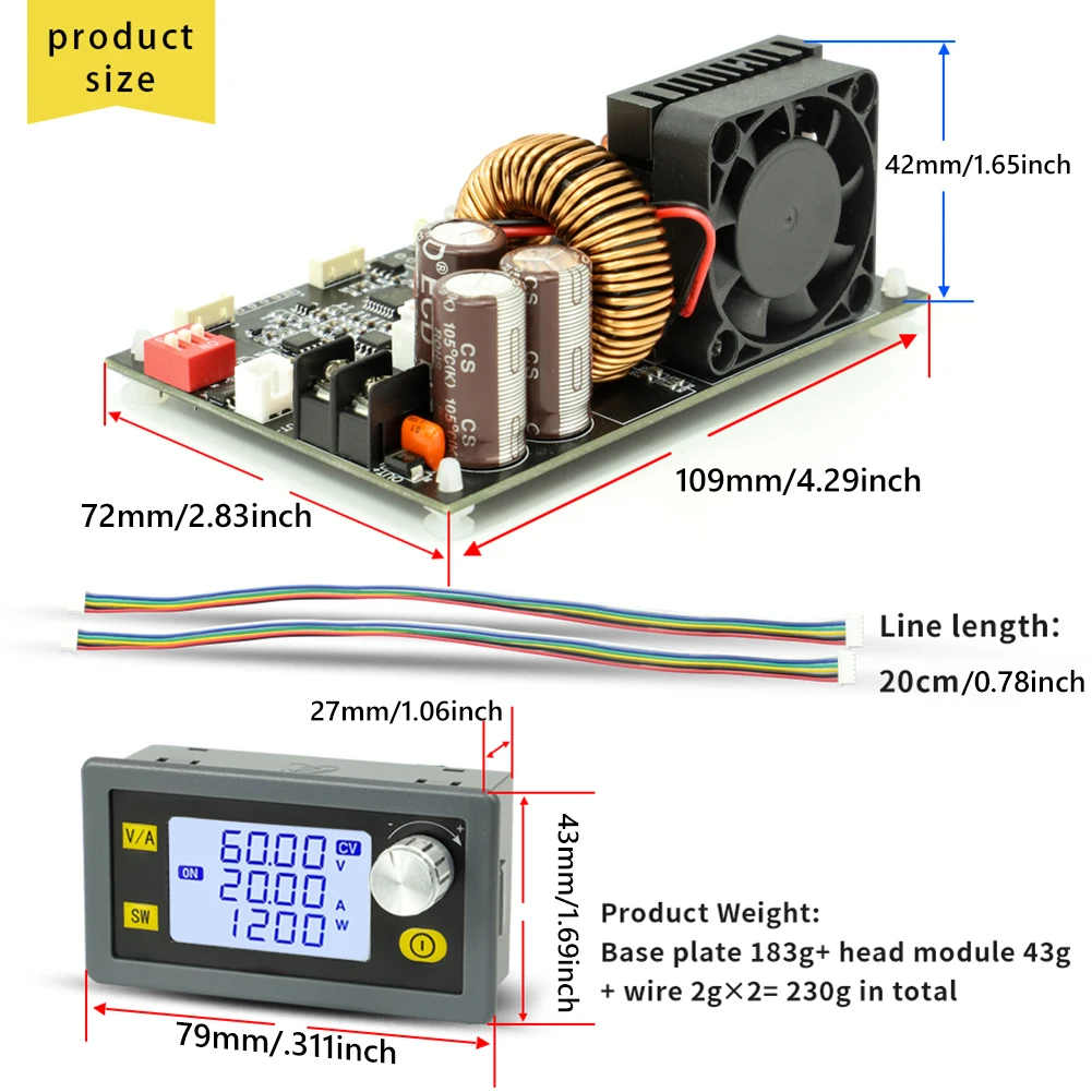 XY6020L CNC fuente de alimentación de voltaje estabilizado CC ajustable, pantalla LCD, voltaje y corriente constantes, 1200W, 20a, módulo reductor