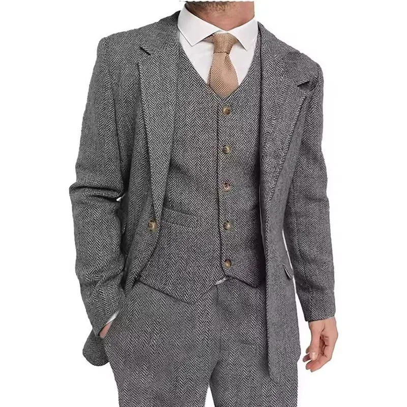 الرجعية متعرجة الرجال السترة الدعاوى الخريف الشتاء واحدة الصدر 3 قطعة مجموعة سترة سترة بانت سميكة نمط معاطف سهرة رسمية