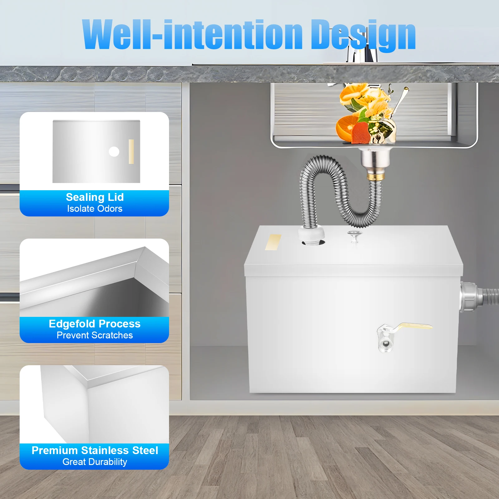 

18L Stainless Steel Grease Trap Interceptor Oil Water Separator Automatic Shut Off 4 Stage Filtration for Kitchen Sink