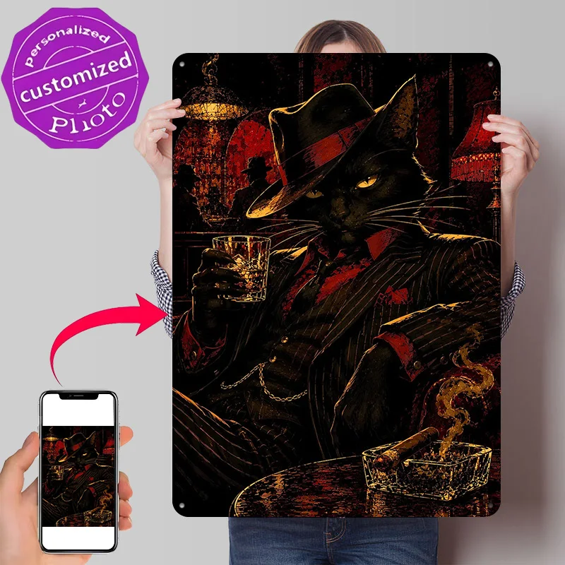 Gangster Cat With Whiskey and Cigar Metal Poster Perfect Gift for Fans Lovers Customized Wall Art Metal Sign for Room Ornaments