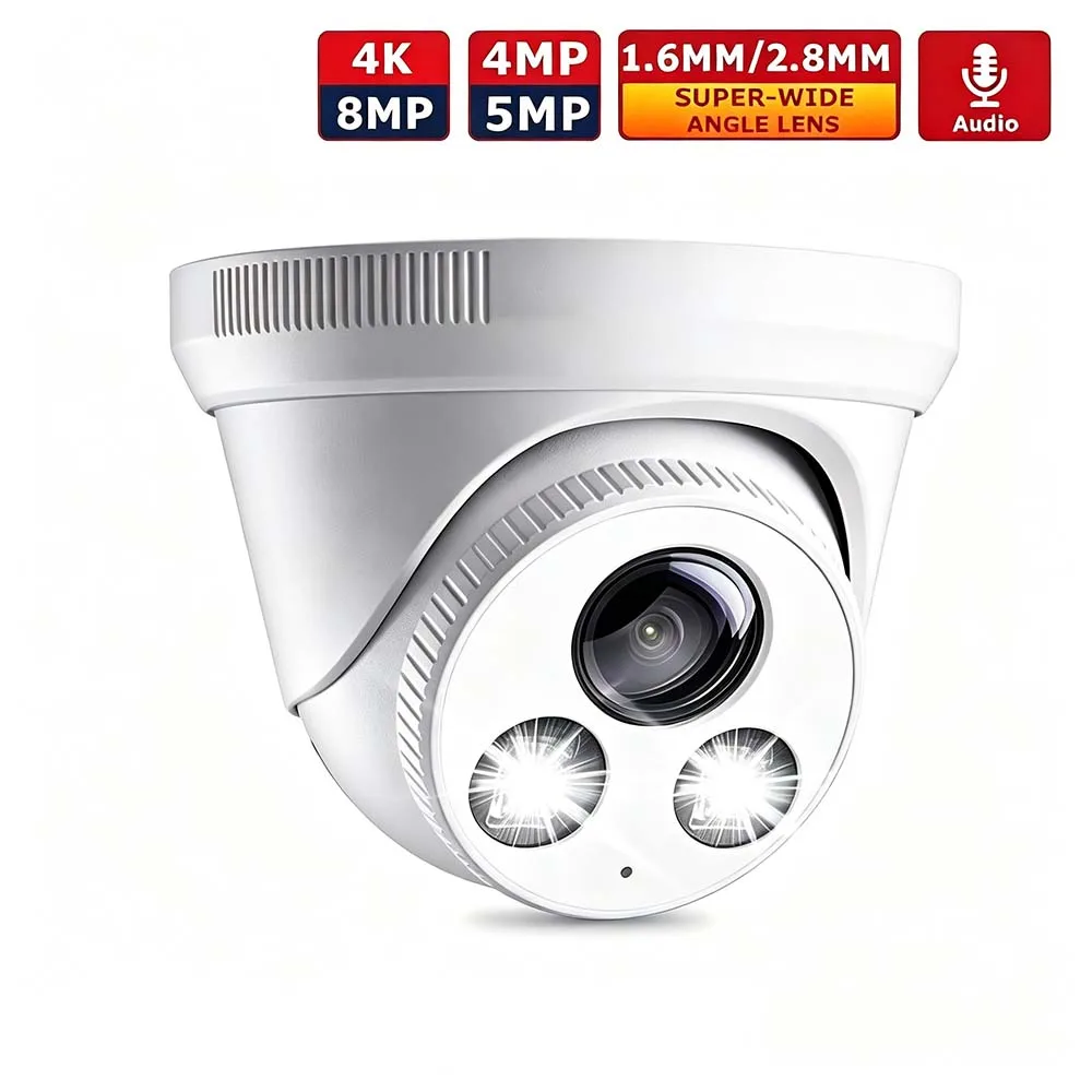 Ultra Wide Angle PoE Security IP Camera 4K 8MP 5MP 4MP 2.8MM/1.6MM Option Dome Surveillance Camera Audio Compatible Onvif NVR
