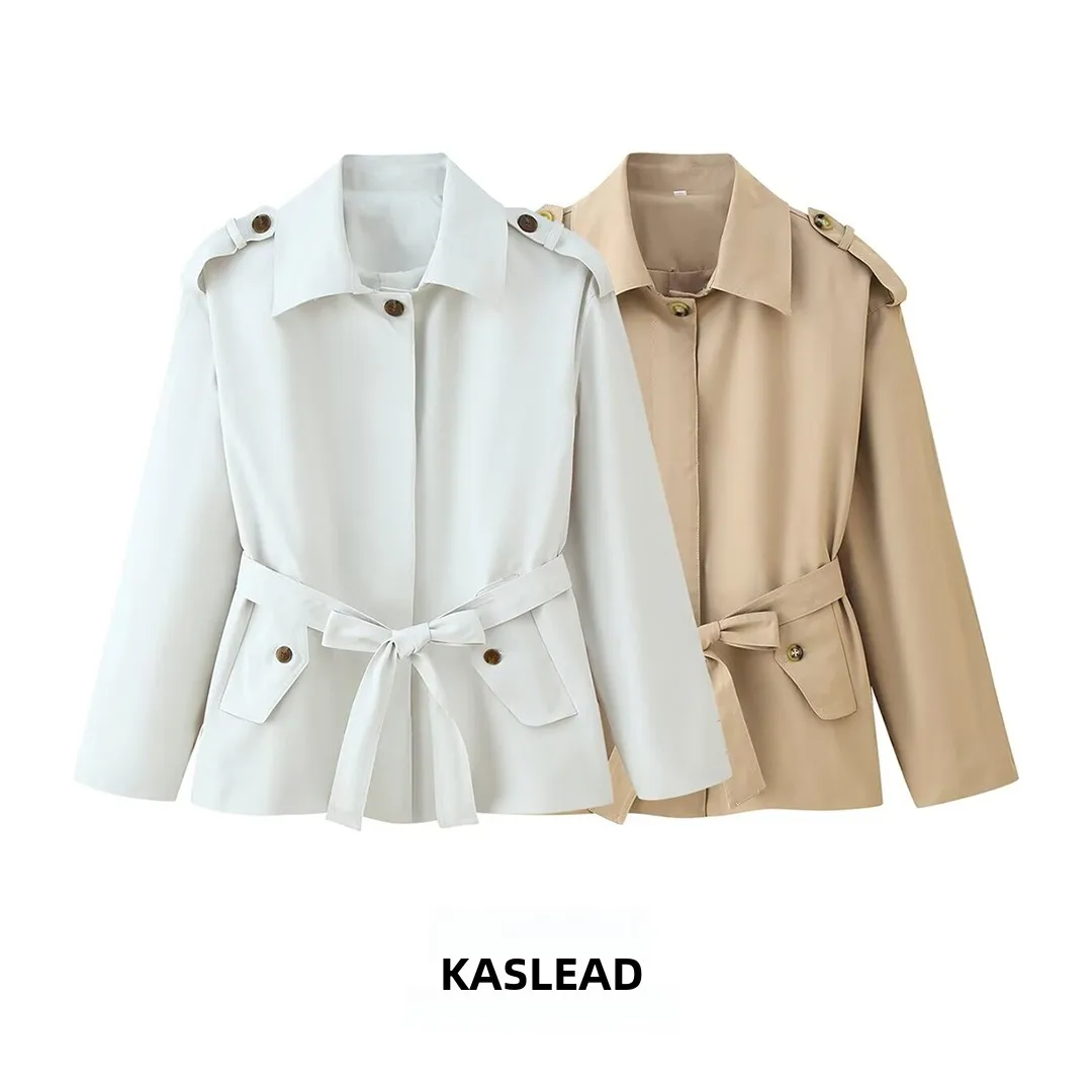 

KASLEAD New Faionable Women's ort Coat Jaet with Belt Flip Collar Windproof Sli Polyester Fiber Ladies Outerwear