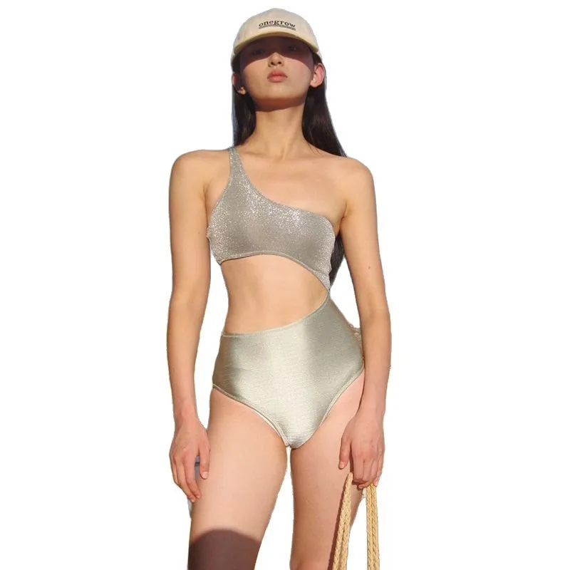 트렌디한 한국 고급 수영복, 여성용 컬러 블록 반짝이, 원피스 섹시 컷아웃 미드리프 슬림핏 수영복