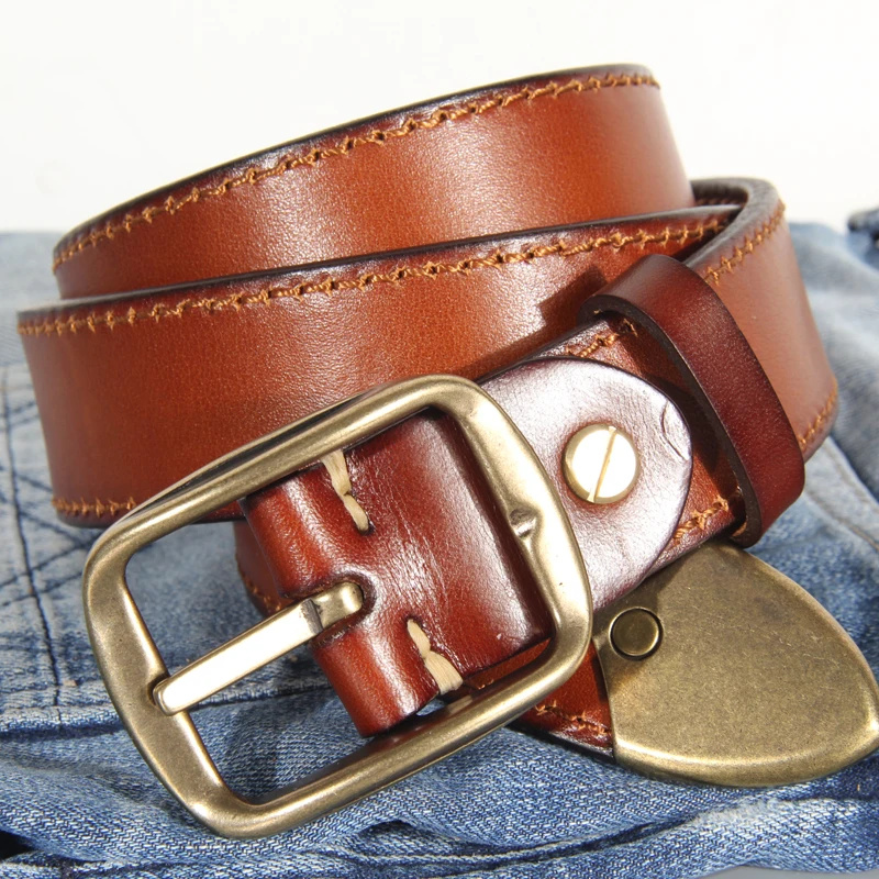 Ceinture Double face pour hommes, très épaisse, en cuir véritable, avec boucle ardillon, en cuivre pur, accessoire de luxe