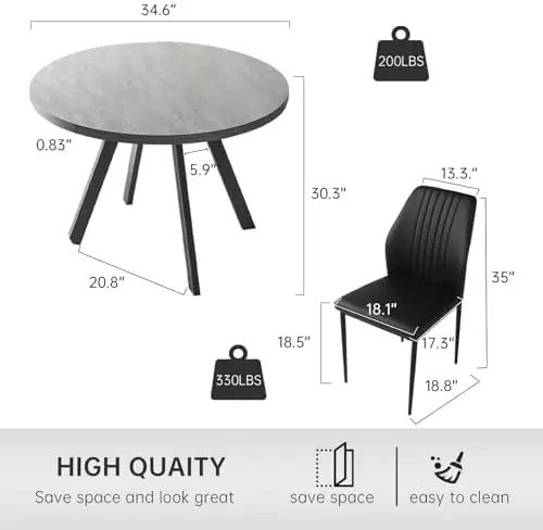 34.6' Round Dining Table Set for 2, Grey + 2 Black Chairs