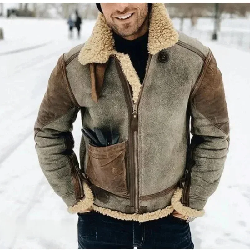 Winter Thick Men's Jacket Warm Faux Leather Warm Coats Fashion Turn Down Collar Contrasting Color Man Suede Fur One-Piece Jacket