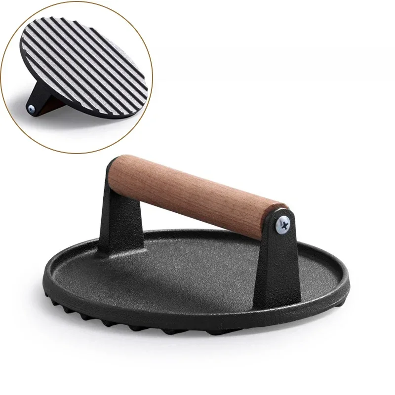 Gietijzeren Steak Burgerpers Ronde Rechthoekige Ongecoate Zware Vleespers met Handvat voor Outdoor Grill Voedsel Koken Gereedschap