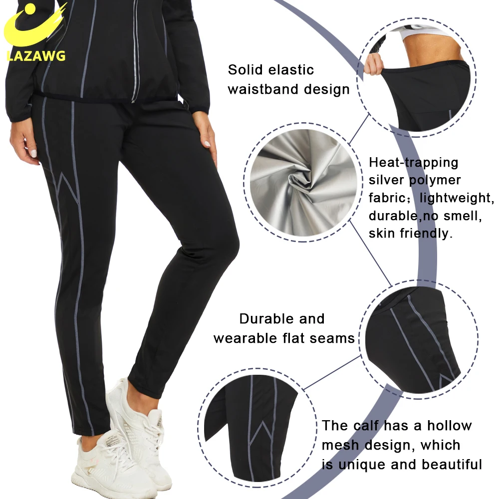 LAZAWG Women Waist Trainer Tracksuits Weight Loss Jacket Pant Sweat Suit Body Shapers Sauna Set Women Yoga Legging Trimmer Pant