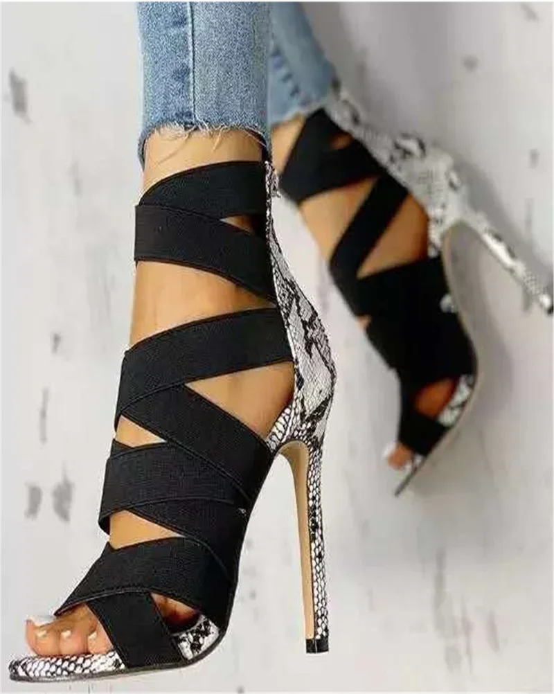 Comemore 2023 Women\'s Pumps Fashion Stiletto Heel Patchwork Mixed Colors Snake High Heels Casual Shoes Sandals Zapatos De Mujer