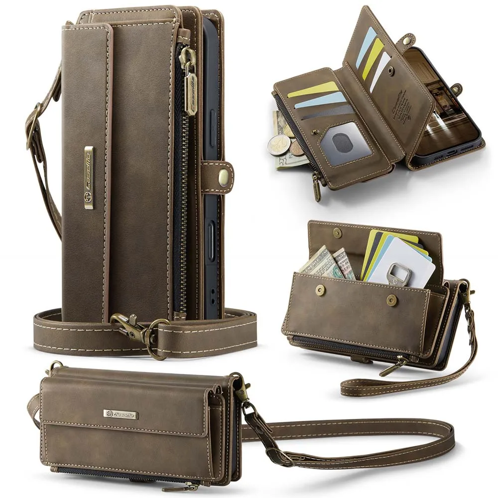 Para iPhone 17 Pro Max 17 Air funda de almacenamiento bolsillo con cremallera soporte plegable PU parachoques de cuero imán Flip cartera bolsa con cordón