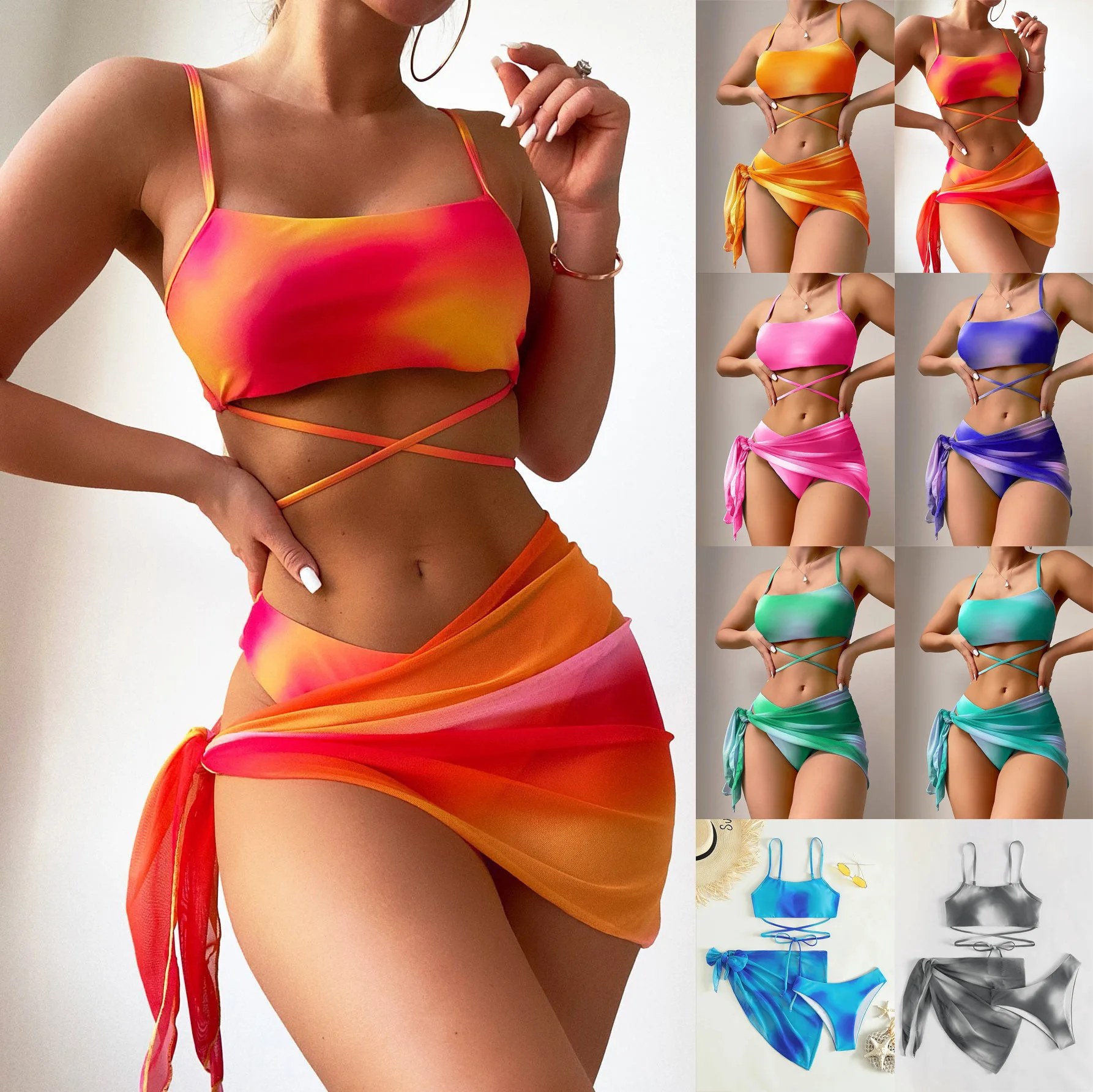 

2024 Summer Women Tie-Dye Knotting Push-Up Bra Bikini Swimwear Printed Beachwear Halter Three-pieces Mesh Bathing Suit Kупальник