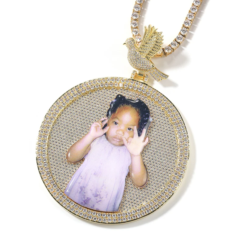 Pigeons Round Shape Custom Photo Pendants Necklace for Men 5A+ CZ Stone Bling Iced Out Hip Hop Rapper Jewelry Gold Silver Color